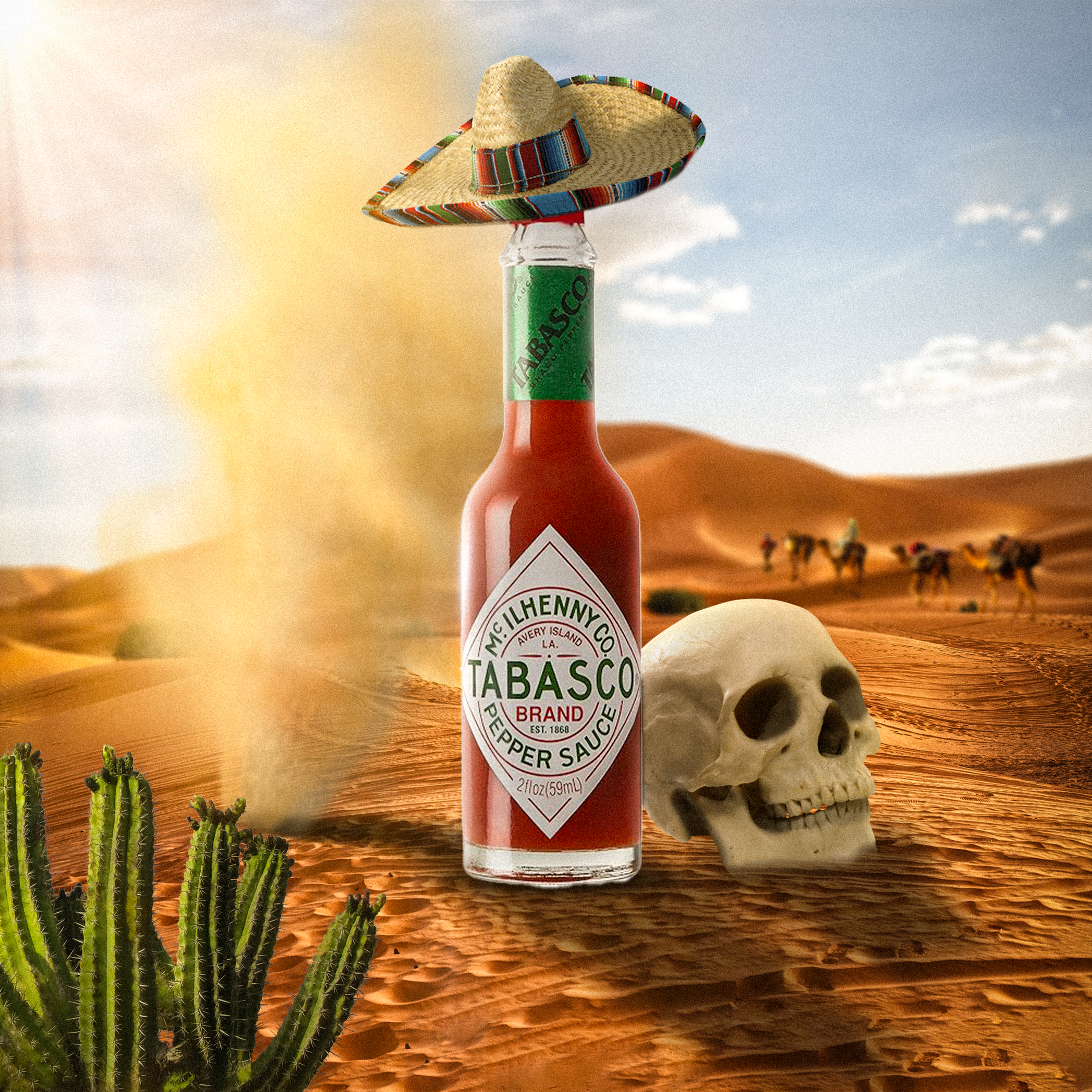 Hotter Than the Desert – 3D Tabasco Bottle Mockup with Bold Visual Storytelling